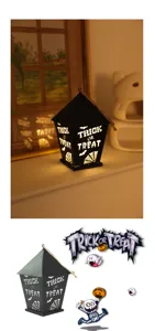 Halloween feest LED hanglantaarn, zwart huis ontwerp met griezelig trick or treat motiefje.