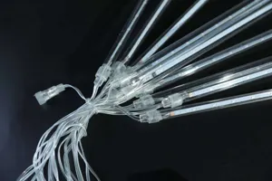 LED meteor shower light detail, clear waterproof tube string light for outdoor holiday tree decor.