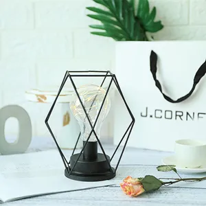 Minimalistische geometrische LED nachtlamp met zwart draadframe en warm lichtsnoer.