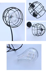 Gedetailleerd overzicht van de creatieve retro zwarte draadkorf metalen lamp met LED-slinger.
