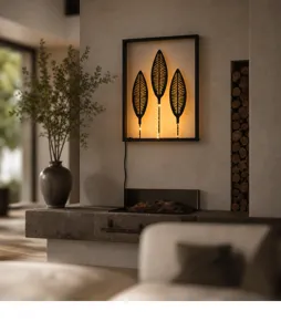 Decorazione murale moderna in metallo con foglie e luci LED calde per lo sfondo del soggiorno.