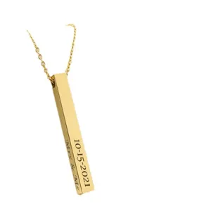 Collier pendentif barre verticale en acier inoxydable doré avec gravure personnalisée femme.