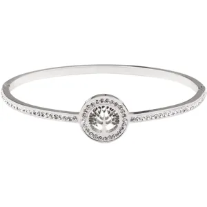 Stainless steel crystal tree of life bangle detail view, sparkling rhinestone cuff bracelet.