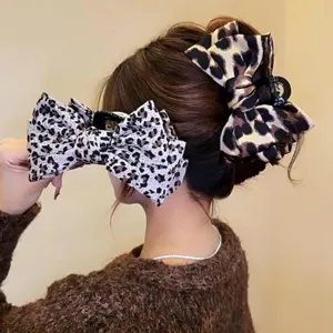 Leopard print bow hair claw clip for women, sweet fabric hair accessories, large shark clip.