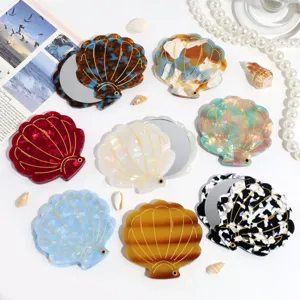Ocean Series Shell Shaped Folding Compact Mirror Portable Pocket Makeup Mirror With Gold Line Acrylic Shell Mini Cosmetic Mirror