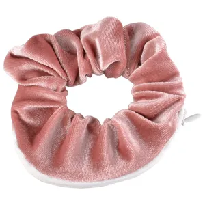 Pink velvet hair scrunchie with hidden zipper pocket minimalist ponytail holder accessory