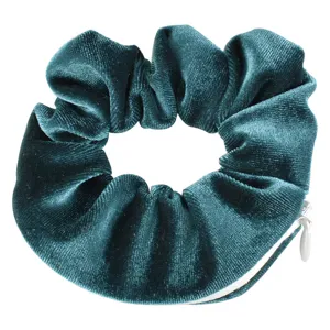 Velvet zip scrunchie detail view, hidden pocket hair tie, dark green hair accessory