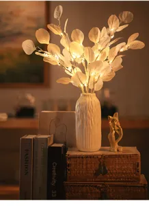 Lámpara de mesa LED rama de árbol nórdica en jarrón de cerámica blanca plisada para decoración.