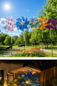 Detailaufnahme der Solar-Windspiel-Leuchte mit schillernden Blättern und Nachteffekt.