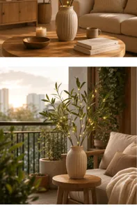 Vista dettagliata del ramo di ulivo artificiale con luce LED in vaso di ceramica per casa.