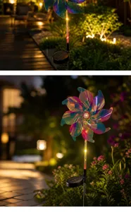 Nahaufnahme des solarbetriebenen Regenbogen-Windrads, das nachts im Garten warm leuchtet.