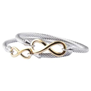 Bracelet jonc infini en acier inoxydable, torsadé bicolore argent et or pour les femmes.