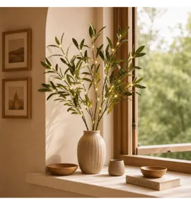 Vista dettagliata del ramo di ulivo artificiale con luci LED in vaso di ceramica sul davanzale.