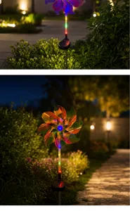 Solar Windspiel Gartenleuchte Detailansicht mit bunten LED klingen im abendlichen Garten.