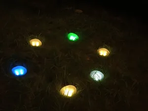 Nachtelijk detail van solar LED kiezelsteen graslandlampen sfeervoll gloeiend in de tuin.