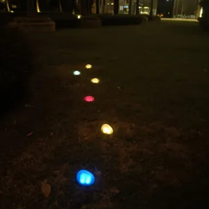 Gedetailleerd overzicht van solarlampen in steenvorm op gazon voor tuindecoratie.