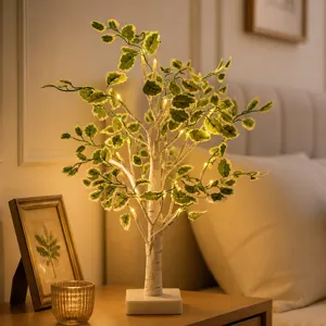 Lámpara LED Árbol de Abedul Hojas Verdes Artificiales Decoración de Mesa Blanco Cálido Alimentación por Batería USB Luz de Ambiente para Dormitorio Sala de Estar Hogar