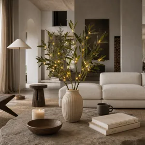 Rametto di ulivo artificiale con luci LED in vaso di ceramica per decorare il soggiorno.