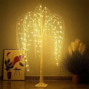 Detailaufnahme der LED Weidenbaum Leuchte, warm leuchtende Lichterkette fur Schlafzimmer und Festtag.