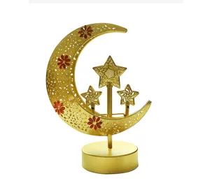 Gold metal hollow moon star LED night light, Eid festival decorative tabletop ornament.