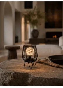 Minimalist LED decorative table lamp with wire frame and warm glowing ball for cozy room decor.