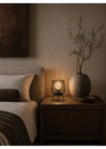 Rustic minimalist LED decorative table lamp with warm starry night light in black wire frame.