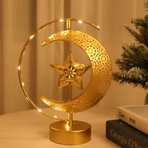 Gold metal moon star LED table lamp holiday festive decorative night light room decor items.