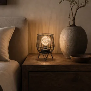 Minimalist black wire frame LED table lamp rustic decorative bedside night light for home decor
