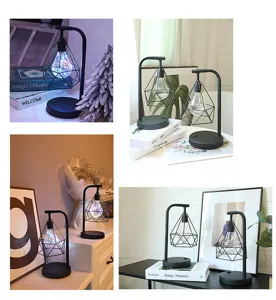 Moderne LED ijzeren tafellamp met geometrisch diamanten kooiontwerp voor slaapkamer.
