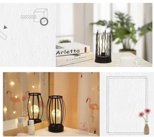 Noordse zwarte ijzeren kooi LED tafellamp detail scène met warm koperdraad licht.