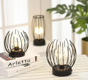 Gedetailleerde close-up van zwarte ijzerdraad LED nachtlamp, Scandinavische stijl tafellamp.