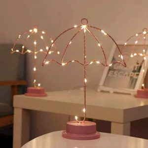 Lámpara de mesa LED de hierro con forma de paraguas base rosa luz decorativa acogedora