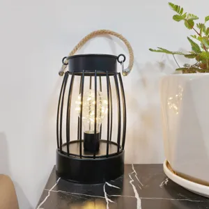 Lámpara de mesa LED de cuerda de cáñamo minimalista, linterna de metal negro.