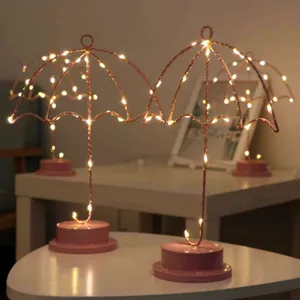 Lampara de mesa decorativa paraguas de hierro LED rosa minimalista luz de noche deco