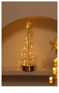 Goldene Spiral Weihnachtsbaum LED Tischlampe Detail mit warmer Beleuchtung für gemütliche Raumdeko.