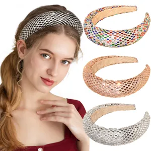 Cerchietto per capelli largo imbottito in strass cristallo, accessorio moda per donna.