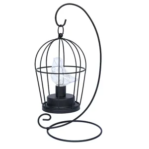 Zwarte ijzeren vogelkooi LED nachtlampje decoratieve tafellamp met vogel beeldje standaard