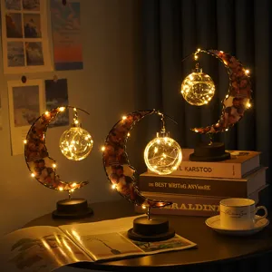 Veilleuse LED en Fil de Cuivre en Forme de Lune Créative Lampe de Table en Fer et Verre Blanc Chaud pour Maison Anniversaire