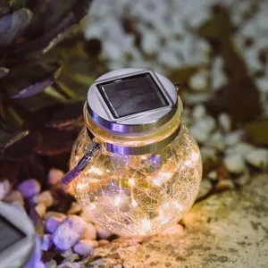 Solar Lantern Outdoor Waterproof LED Crackled Glass Jar Hanging Light With Hemp Rope Handle Decorative Landscape Lighting For Yard Garden