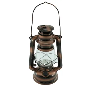 Vintage solar camping lantern with LED light, bronze metal finish and portable handle for outdoor.