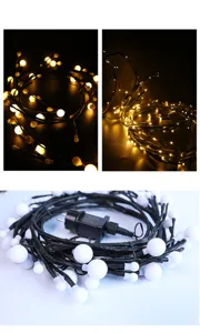 Close-up van de LED tak lichtketting met gloeiende bollen en zwarte rankdetails.