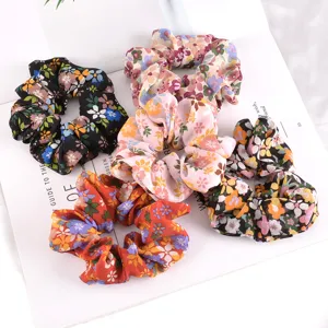 Set de coleteros de gasa con estampado floral, accesorios para el cabello coloridos de diario.