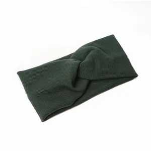 Bandeau croisé en tricot vert foncé, bandeau absorbant doux pour le sport et le visage.