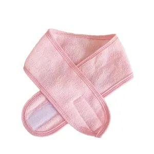 Cinta de pelo cosmética rosa para lavar la cara, diadema de felpa suave para spa con velcro.