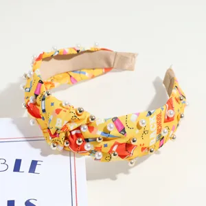 Serre-tete noue jaune avec perles et imprime ecole pour femmes accessoires mignons
