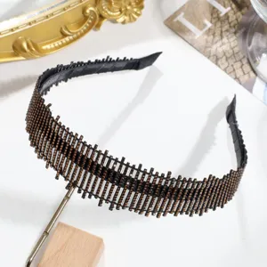 Élégant serre-tête large en strass noir pour femmes, cerceau de cheveux brillant pour fête et usage.