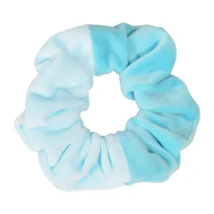 Soft plush velvet hair scrunchie in light blue and white color block design for women daily wear.