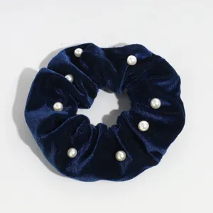 Dark blue velvet hair scrunchie with white pearls, soft fabric daily hair tie accessory.