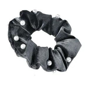 Black velvet hair scrunchie detail view with white faux pearls elegant shiny texture accessory