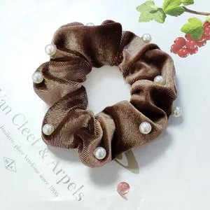 Brown velvet hair scrunchie with white pearl accents, elegant chic pony tail hair accessory